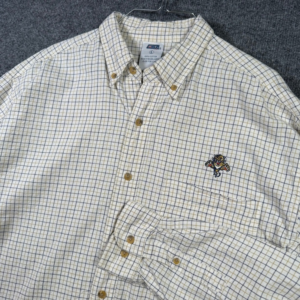 Florida Panthers CSA Button Down Shirt Mens Large Cream Navy Tan Grid Check